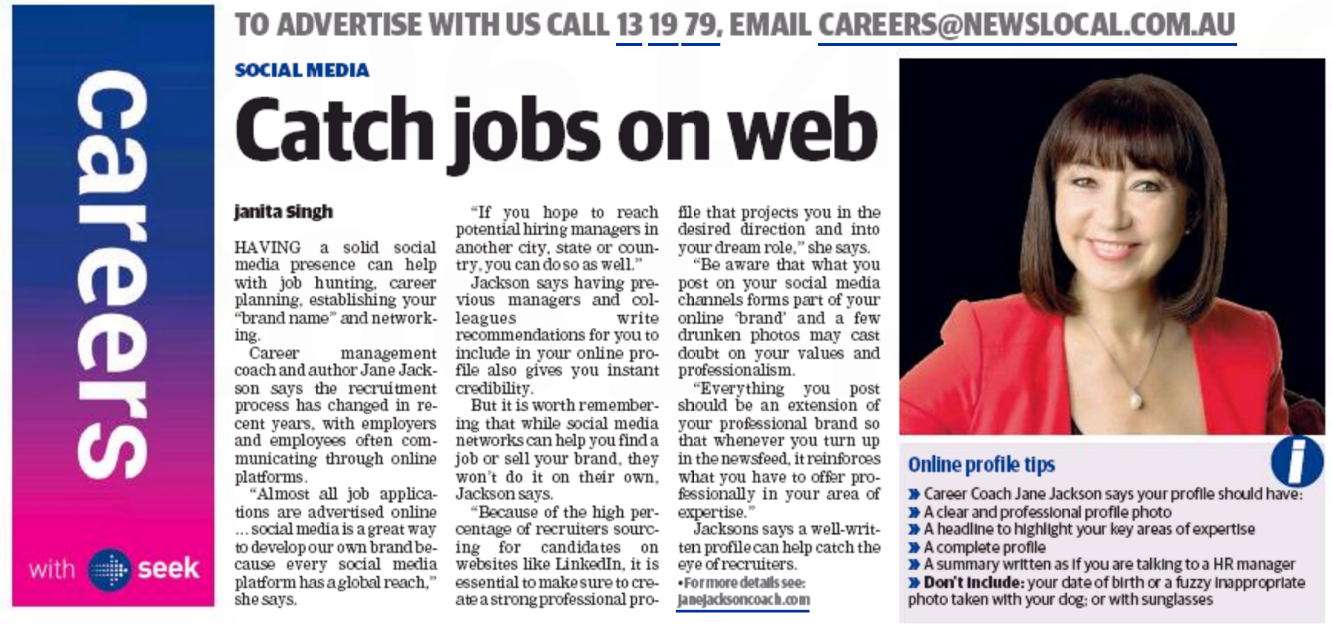 Manly Daily, News Local, Seek.com.au, Seek, Jane Jackson, Career Coach, online, job seekers, LinkedIn, social media