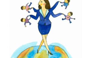 professional women at work, juggling work and children, childcare